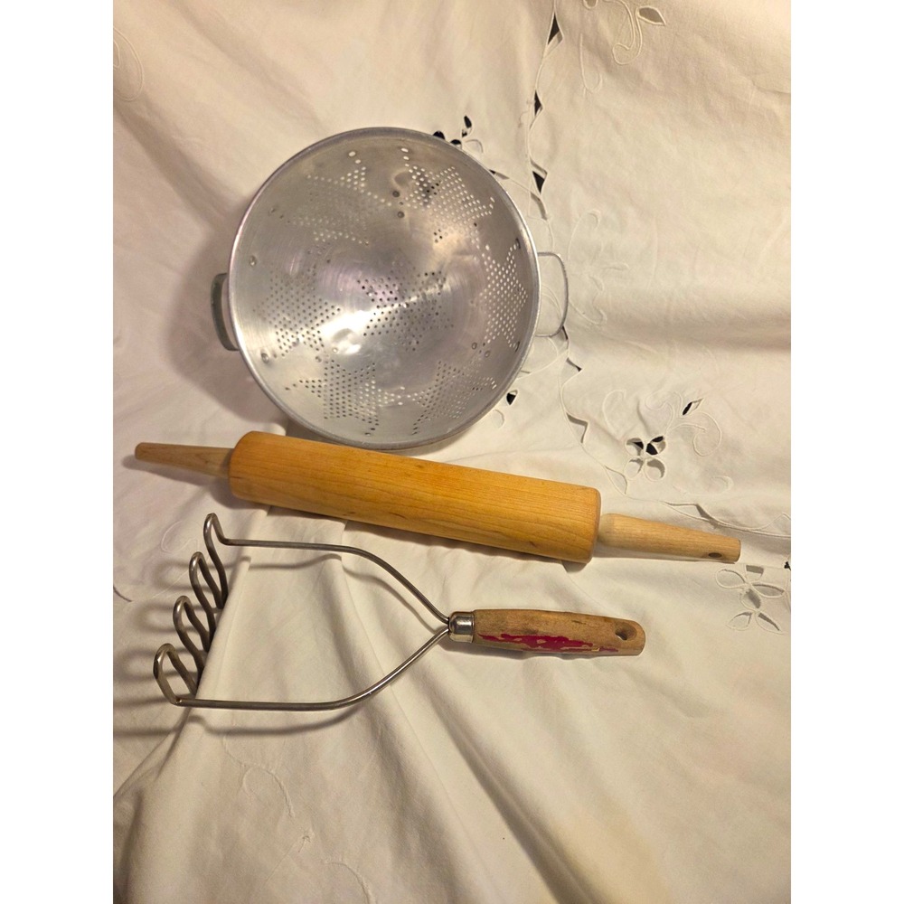 Vintage Large Metal Food Strainer w/ Handles, Wood Rolling Pin & Potato Masher